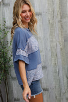 Haptics Denim Floral Wavy Rib Outseam Stitch Pullover