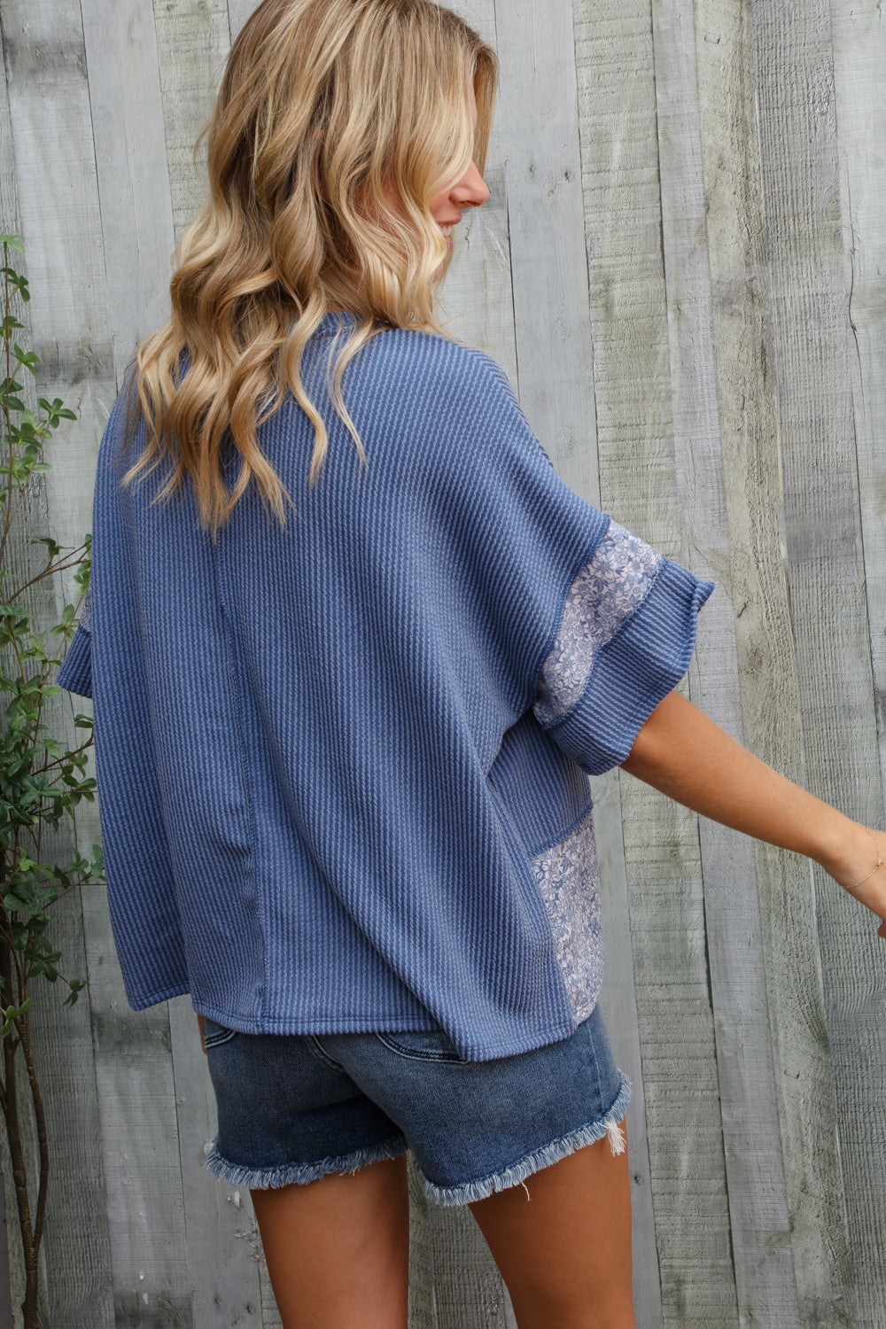 Haptics Denim Floral Wavy Rib Outseam Stitch Pullover