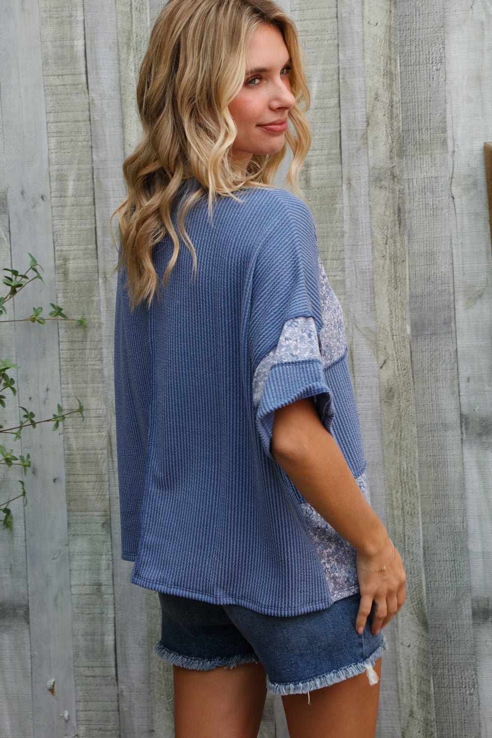 Haptics Denim Floral Wavy Rib Outseam Stitch Pullover