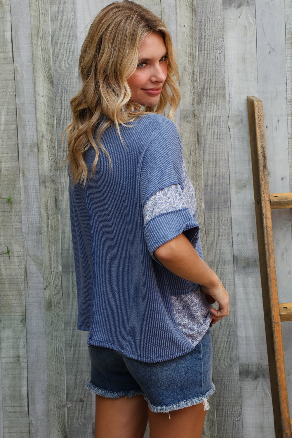 Haptics Denim Floral Wavy Rib Outseam Stitch Pullover