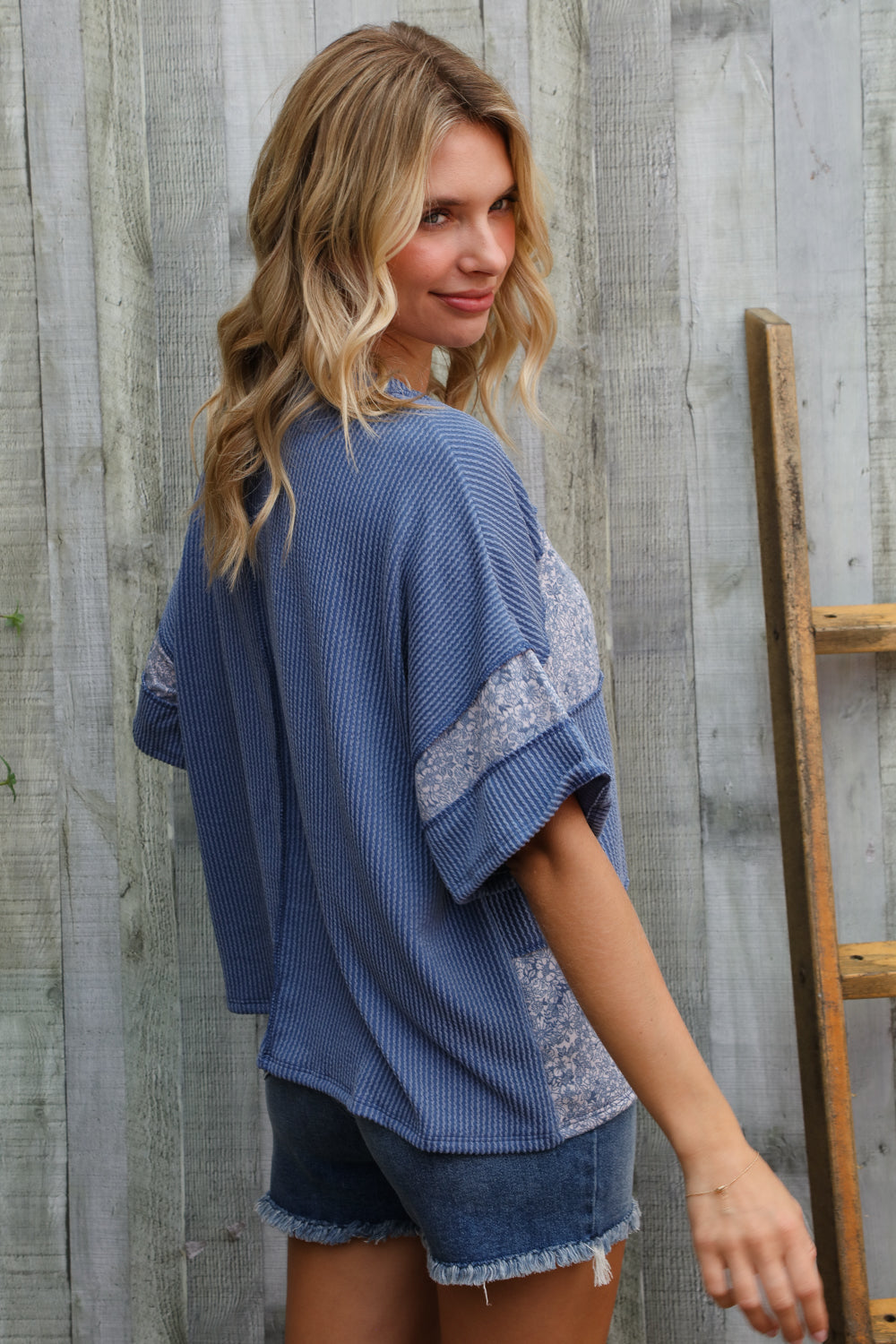 Haptics Denim Floral Wavy Rib Outseam Stitch Pullover