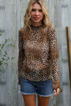 Haptics Taupe High Neck Leopard Print Semi-Sheer Top