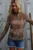 Haptics Taupe High Neck Leopard Print Semi-Sheer Top