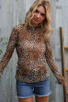 Haptics Taupe High Neck Leopard Print Semi-Sheer Top