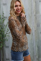 Haptics Taupe High Neck Leopard Print Semi-Sheer Top