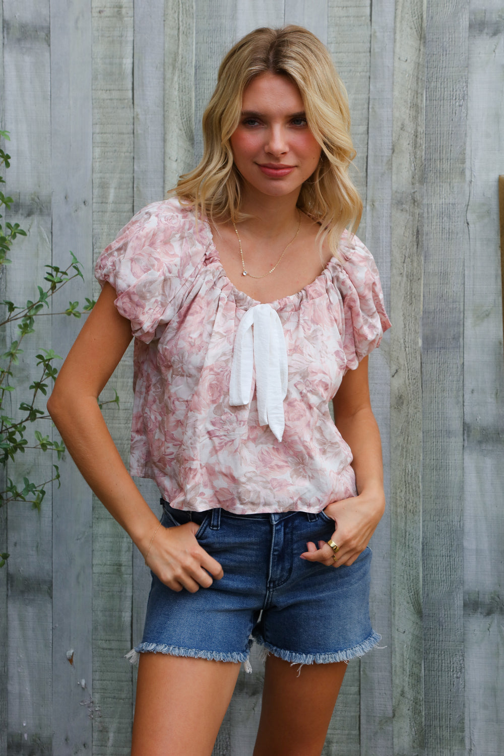 Kori America Blush Scoop Neck Bubble Sleeve Floral Top w/Bow Large