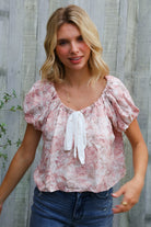 Kori America Blush Scoop Neck Bubble Sleeve Floral Top w/Bow