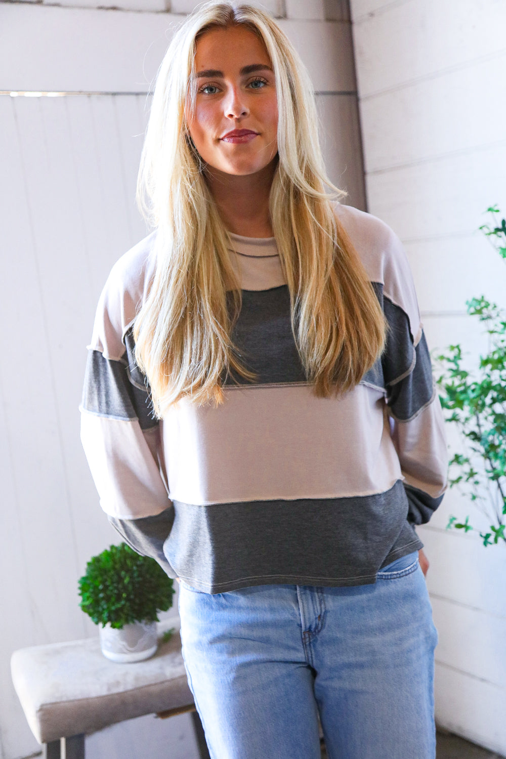 Haptics Latte & Charcoal Color Block Loose Fit Knit Pullover