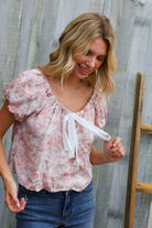 Kori America Blush Scoop Neck Bubble Sleeve Floral Top w/Bow