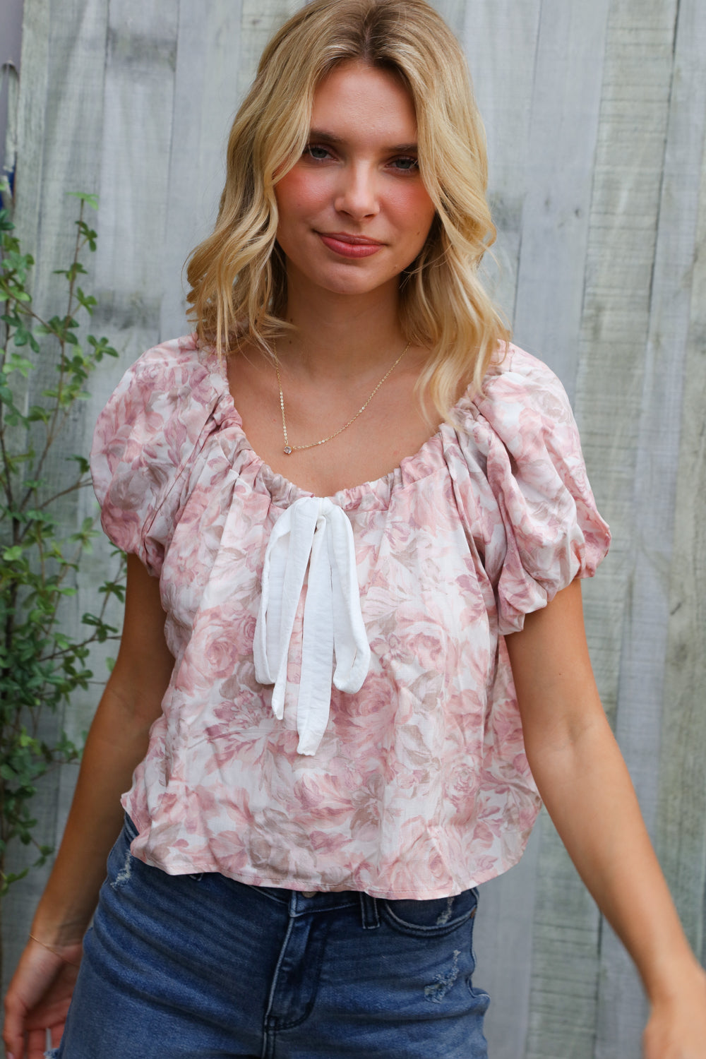 Kori America Blush Scoop Neck Bubble Sleeve Floral Top w/Bow