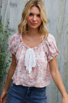 Kori America Blush Scoop Neck Bubble Sleeve Floral Top w/Bow