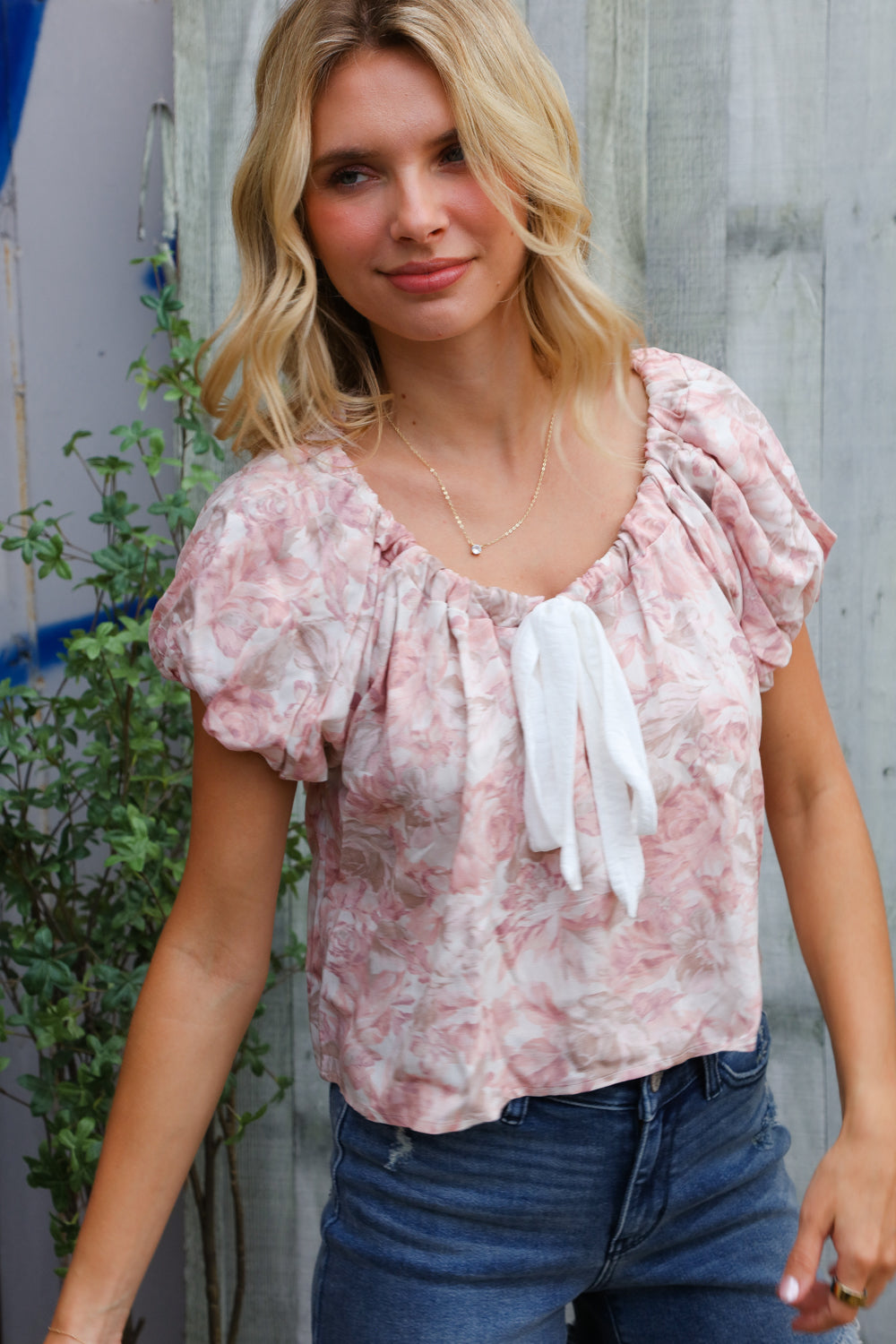 Kori America Blush Scoop Neck Bubble Sleeve Floral Top w/Bow