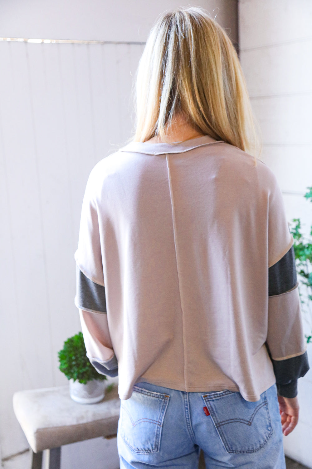 Haptics Latte & Charcoal Color Block Loose Fit Knit Pullover