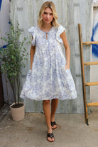 Haptics Vintage Floral Dusty Blue Folded Ruffle Short Sleeve Babydoll Dress