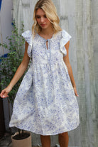 Haptics Vintage Floral Dusty Blue Folded Ruffle Short Sleeve Babydoll Dress