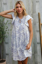 Haptics Vintage Floral Dusty Blue Folded Ruffle Short Sleeve Babydoll Dress