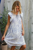 Haptics Vintage Floral Dusty Blue Folded Ruffle Short Sleeve Babydoll Dress