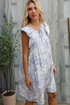 Haptics Vintage Floral Dusty Blue Folded Ruffle Short Sleeve Babydoll Dress