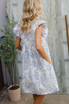Haptics Vintage Floral Dusty Blue Folded Ruffle Short Sleeve Babydoll Dress