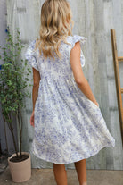 Haptics Vintage Floral Dusty Blue Folded Ruffle Short Sleeve Babydoll Dress