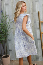 Haptics Vintage Floral Dusty Blue Folded Ruffle Short Sleeve Babydoll Dress