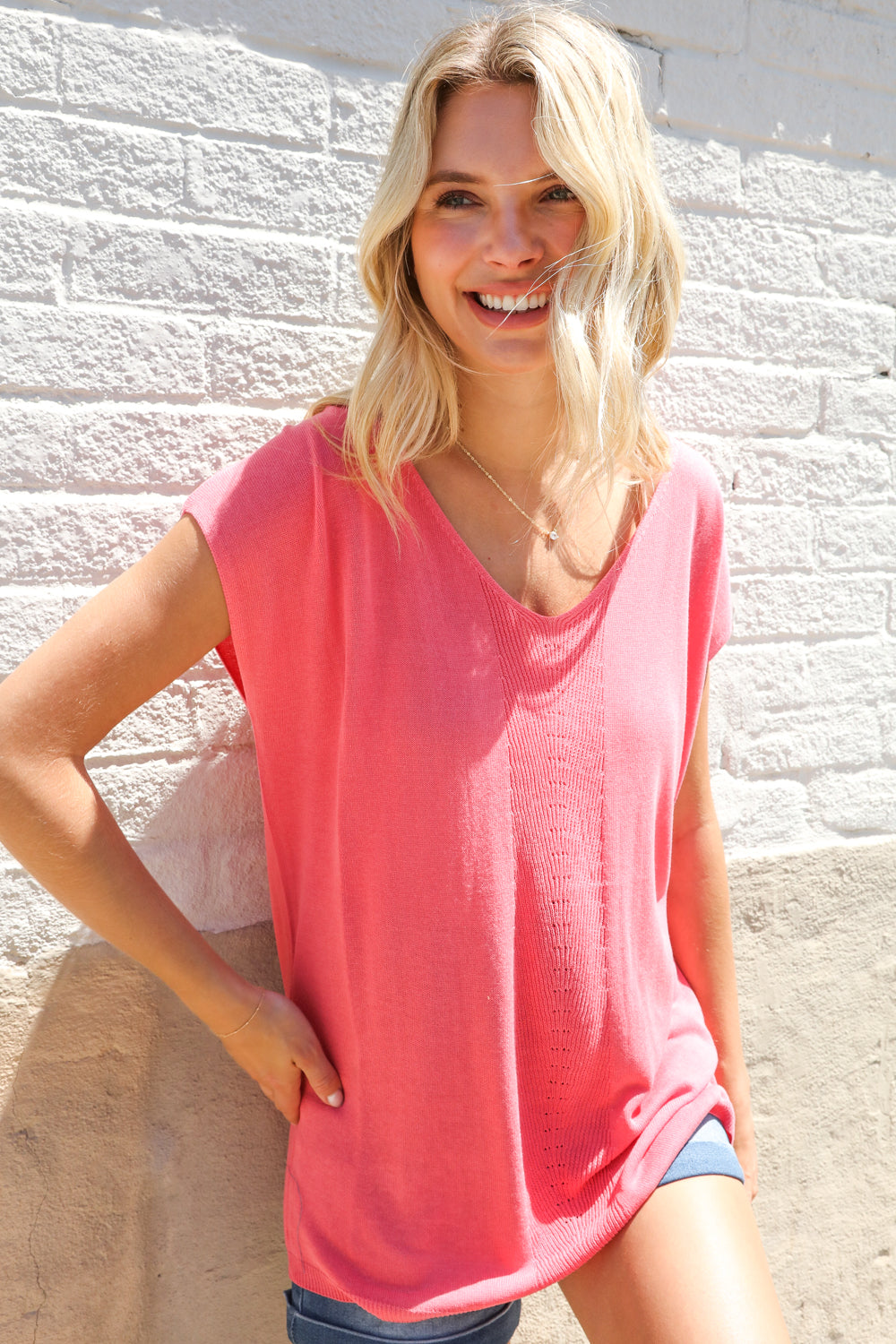 First Love Coral Relaxed Fit Jacquard Knitted Top
