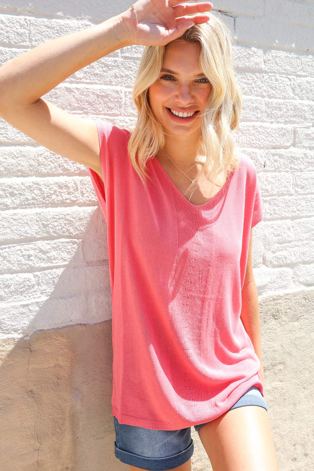 First Love Coral Relaxed Fit Jacquard Knitted Top