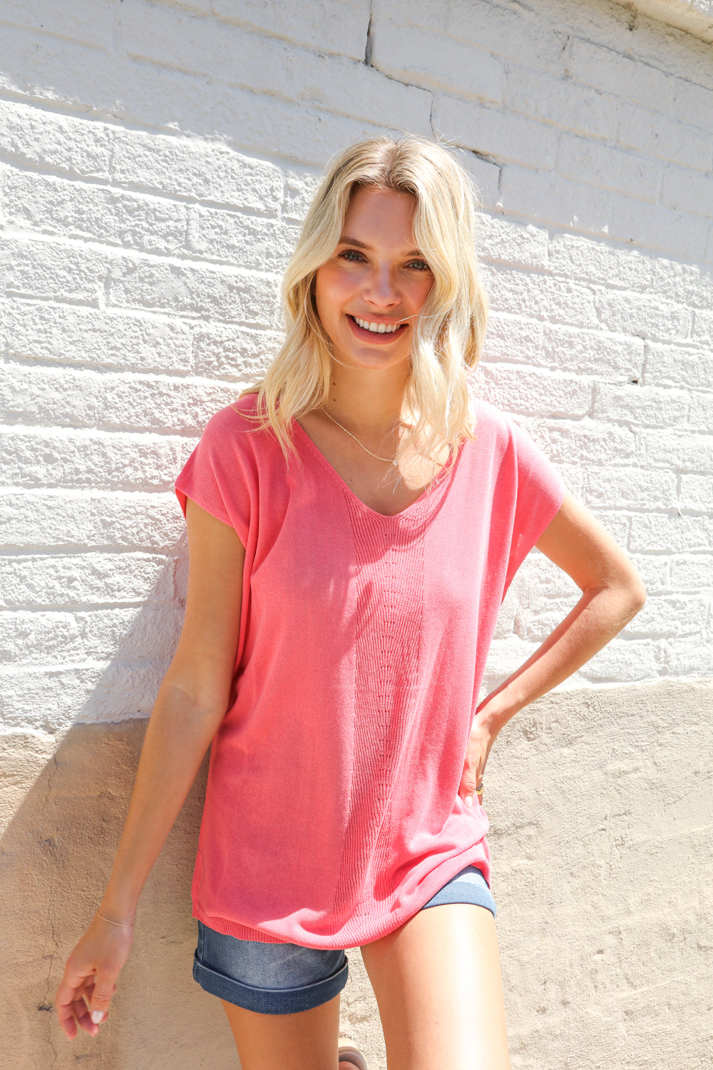 First Love Coral Relaxed Fit Jacquard Knitted Top