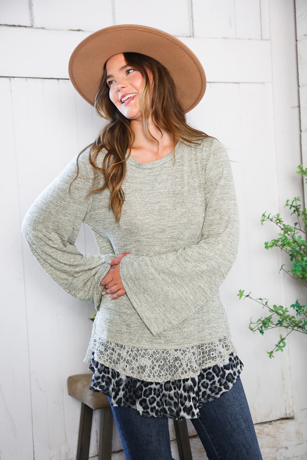 And The Why Lace Leopard Trim Sweater