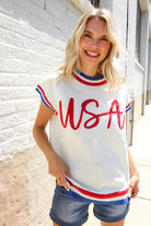 Haptics Red/White & Blue USA Embroidery Dolman Top