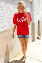 Haptics Patriotic USA Red Knit Embroidery Puff Sleeve Sweater Top