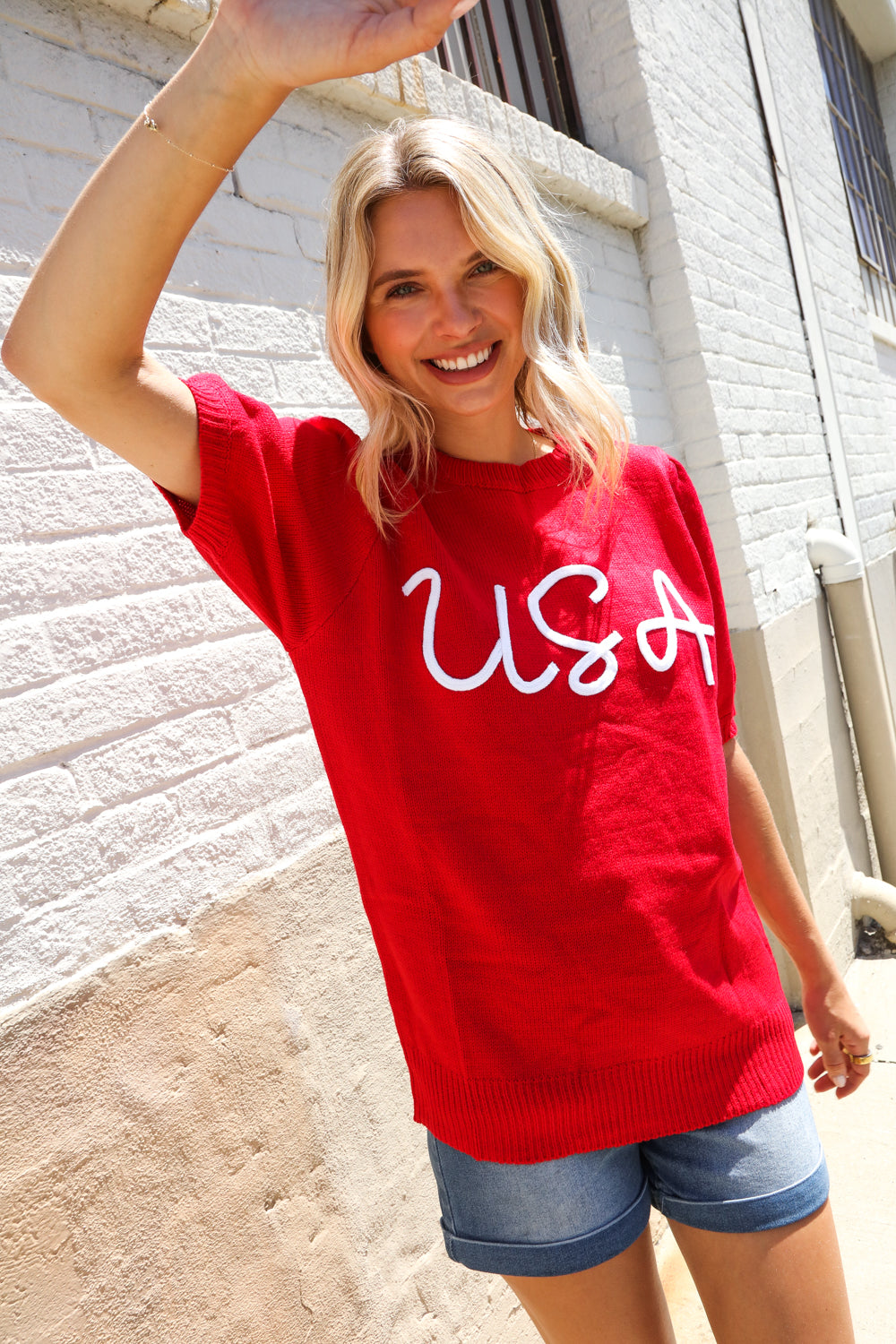 Haptics Patriotic USA Red Knit Embroidery Puff Sleeve Sweater Top
