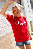 Haptics Patriotic USA Red Knit Embroidery Puff Sleeve Sweater Top