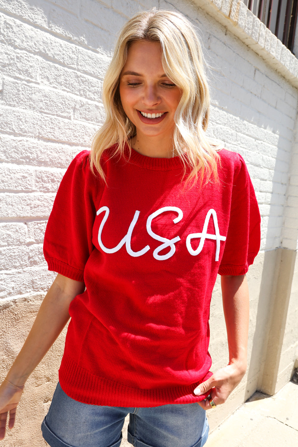 Haptics Patriotic USA Red Knit Embroidery Puff Sleeve Sweater Top