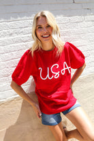 Haptics Patriotic USA Red Knit Embroidery Puff Sleeve Sweater Top
