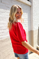 Haptics Patriotic USA Red Knit Embroidery Puff Sleeve Sweater Top