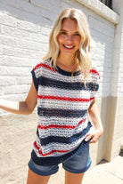 Haptics Red White & Blue Striped Crochet Sweater Top