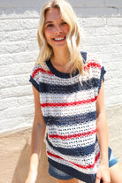 Haptics Red White & Blue Striped Crochet Sweater Top