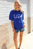 Haptics Patriotic USA Blue Knit Embroidery Puff Sleeve Sweater Top