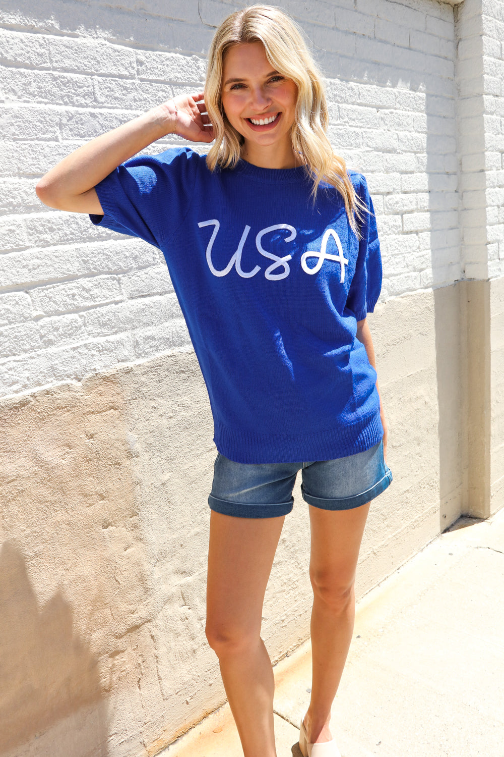 Haptics Patriotic USA Blue Knit Embroidery Puff Sleeve Sweater Top