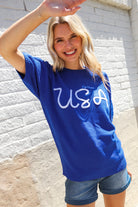 Haptics Patriotic USA Blue Knit Embroidery Puff Sleeve Sweater Top