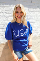 Haptics Patriotic USA Blue Knit Embroidery Puff Sleeve Sweater Top