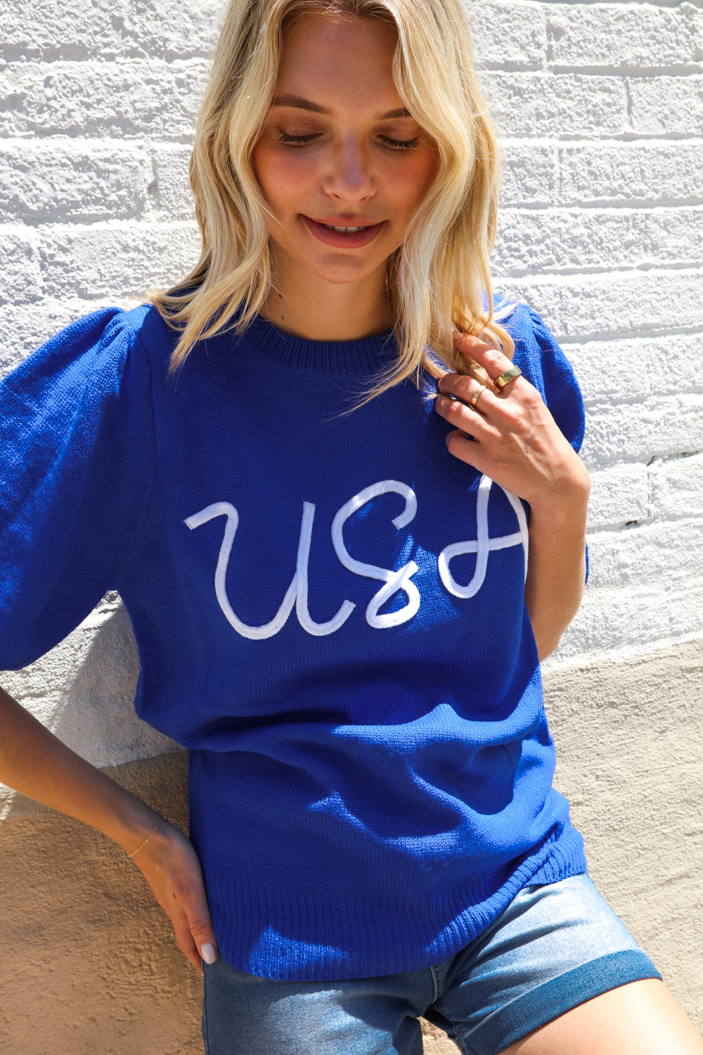 Haptics Patriotic USA Blue Knit Embroidery Puff Sleeve Sweater Top