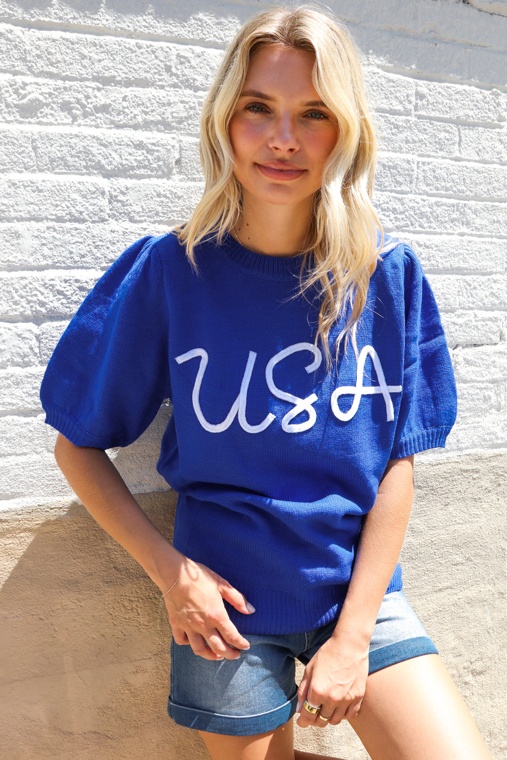 Haptics Patriotic USA Blue Knit Embroidery Puff Sleeve Sweater Top