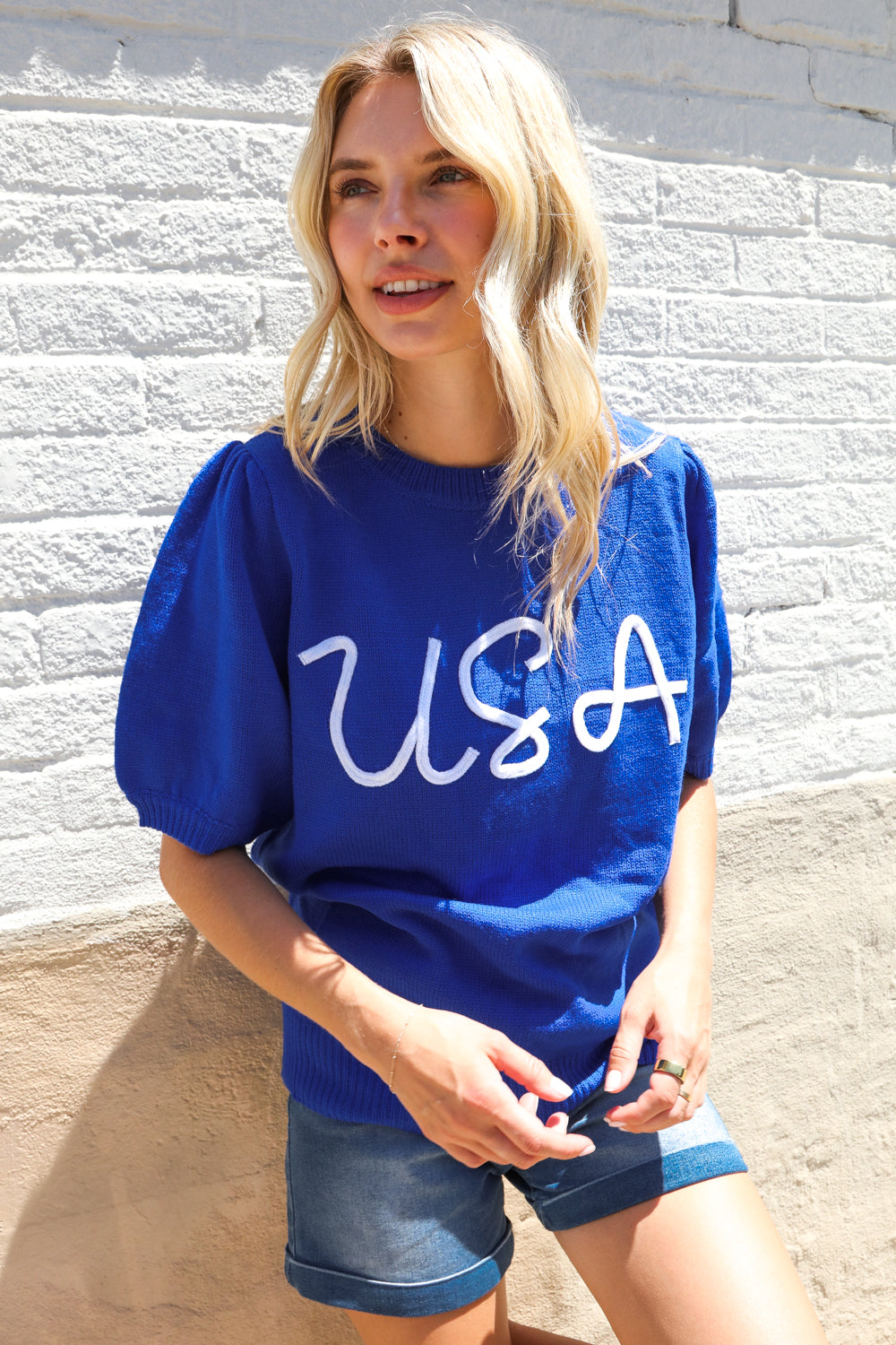 Haptics Patriotic USA Blue Knit Embroidery Puff Sleeve Sweater Top