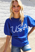 Haptics Patriotic USA Blue Knit Embroidery Puff Sleeve Sweater Top