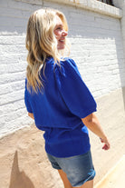 Haptics Patriotic USA Blue Knit Embroidery Puff Sleeve Sweater Top