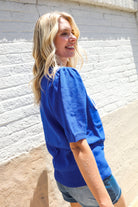 Haptics Patriotic USA Blue Knit Embroidery Puff Sleeve Sweater Top