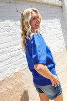 Haptics Patriotic USA Blue Knit Embroidery Puff Sleeve Sweater Top