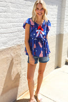 Haptics American Flag Blue & Red Stars & Bow Print Woven Top